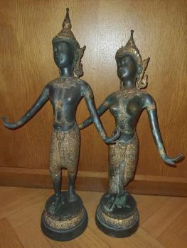 2 Bronze -Figuren, ein Paar Tempeltänzer - Thailand - 1. Hälfte 20. Jahrhundert
