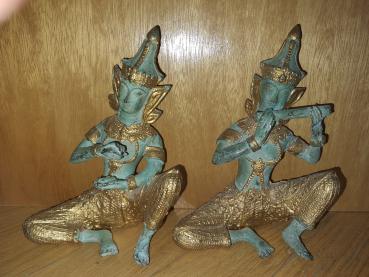 2 Tempel-Musiker, Bronze-Figuren - Thailand - 2. Hälfte 20. Jahrhundert