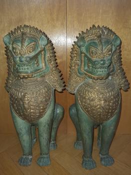 2 Wächterlöwen, Bronze-Figuren - Thailand - Anfang 19. Jahrhundert