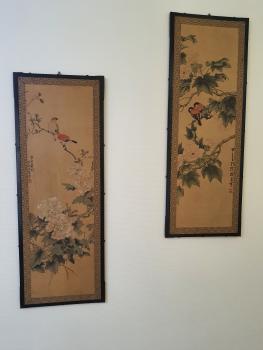 2 x Seidenmalerei, Blumen und Vögel  - China - um 1900