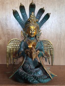 Schlangen-Göttin "Nag Kanya Naga", antik, Messing - Nepal -