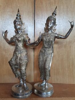 2 Bronze-Figuren, Tempeltänzer und -Tänzerin  - Thailand - 20. Jahrhundert