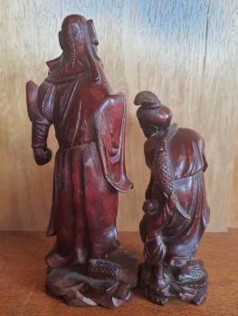 2 Asiatische Figuren, Holz-Schnitzerei  - China - Mitte 20. Jahrhundert