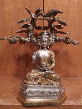 Bronze-Figur, Buddha unter Baum  - Indien - 21. Jahrhundert