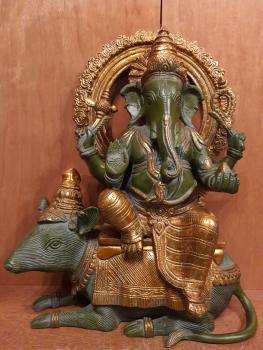 Bronze-Figur, Ganesha auf Ratte  - Indien - 21. Jahrhundert