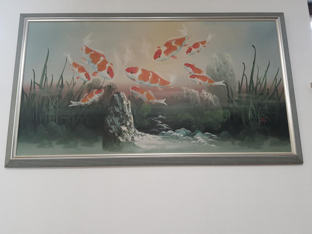 Gemälde, (129cm breit) Koi-Motiv  - China - 20. Jahrhundert