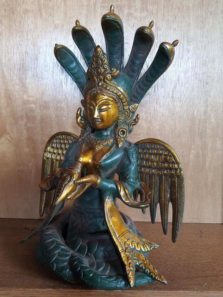 Schlangen-Göttin "Nag Kanya Naga", antik, Messing - Nepal -