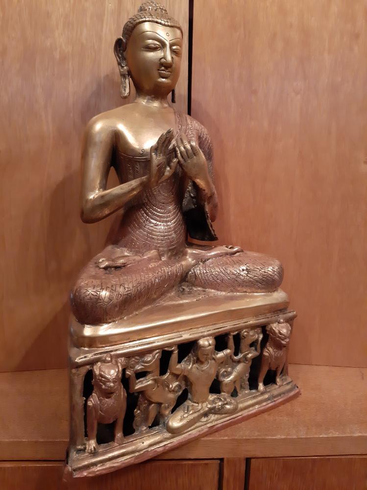 Buddha-Figur, Messing + Kupfer - Indien - Mitte 20. Jahrhundert